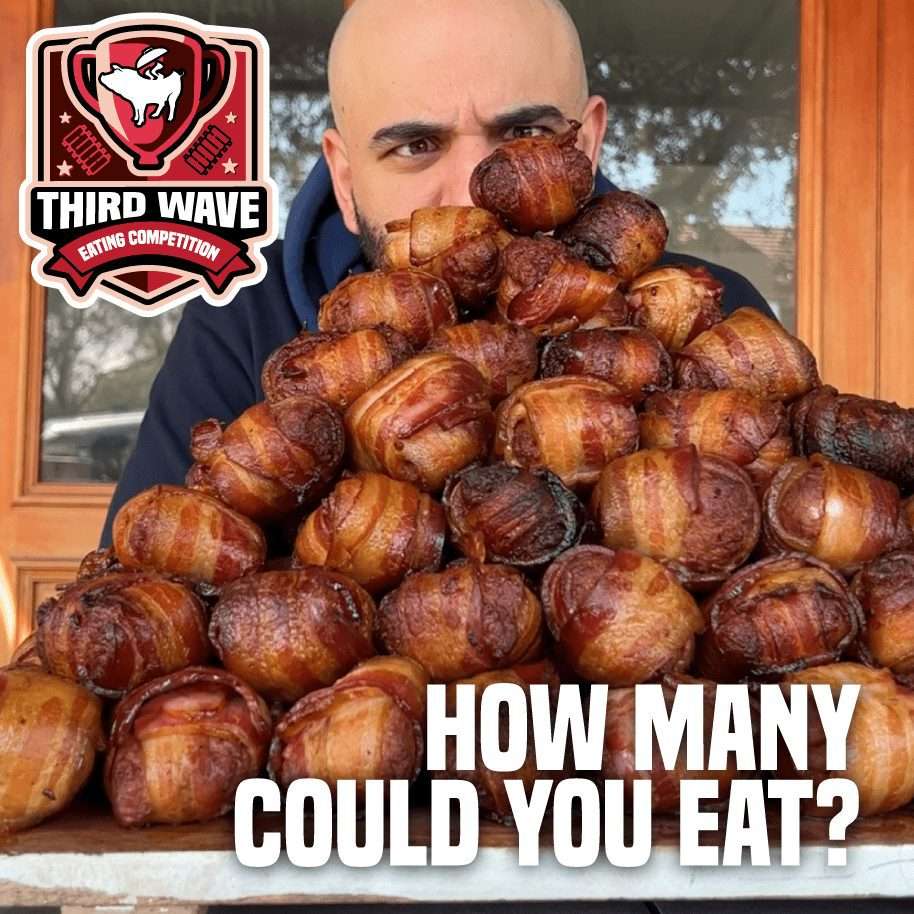 Guest behind a huge pile of Oink Balls, how many could you eat poster